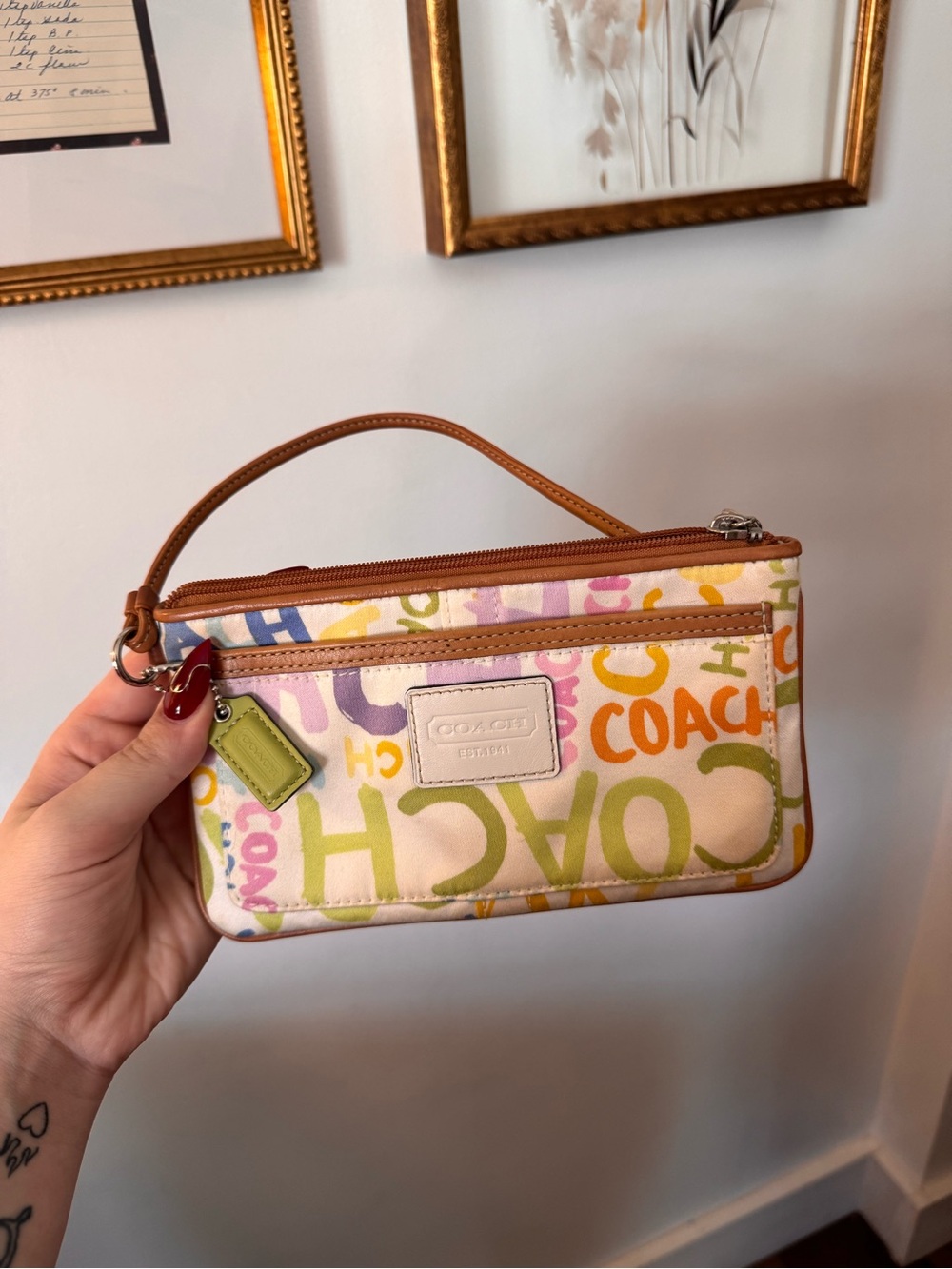 Coach Multicolor Canvas Wristlet with Tan Leather Trim
